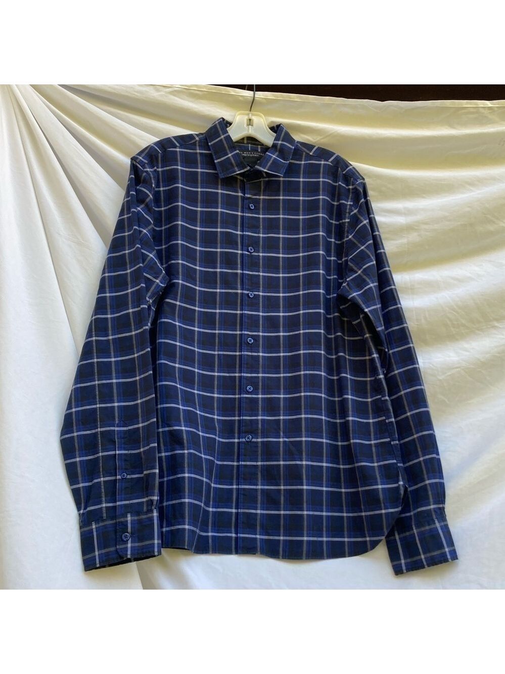 The Men’s Store Bloomingdale’s Button Blue and Black Plaid Shirt, Size Large.